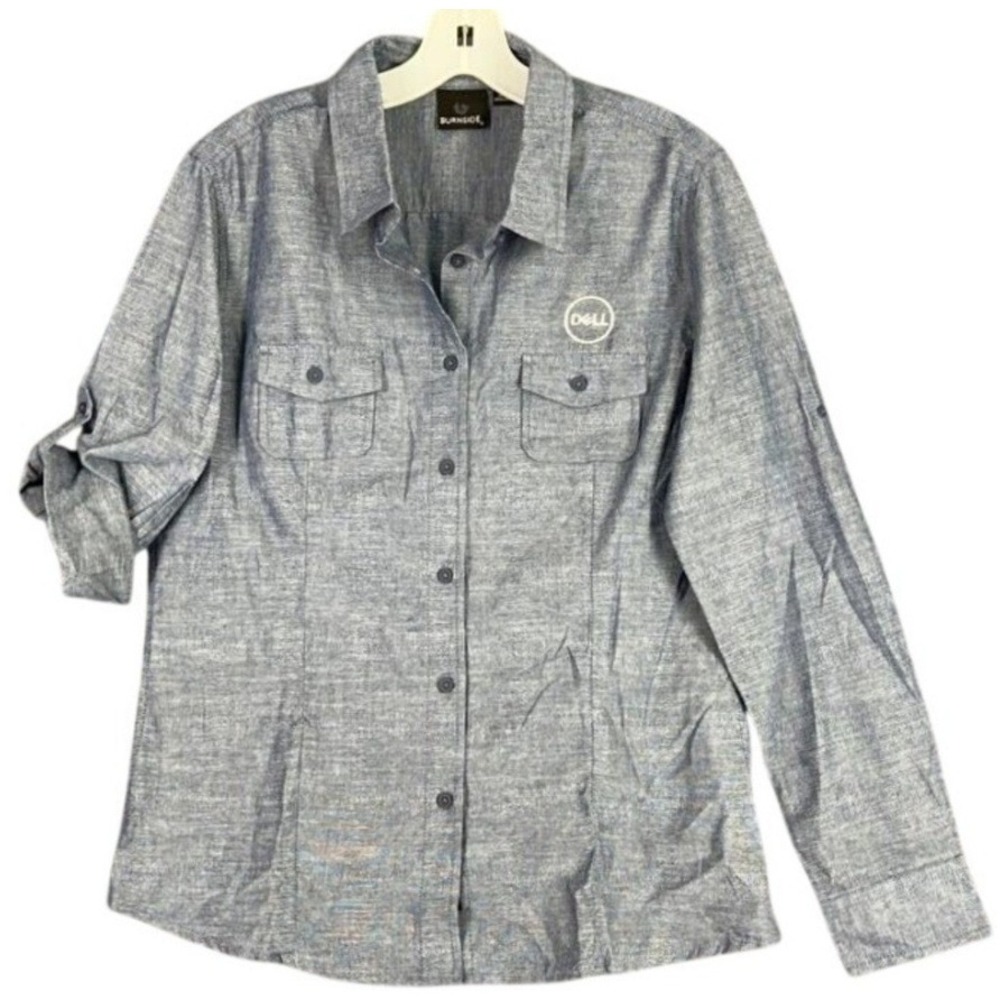 Dell Burnside Button Up Shirt Womens L Blue Logo Roll Tab Employee Workwear
